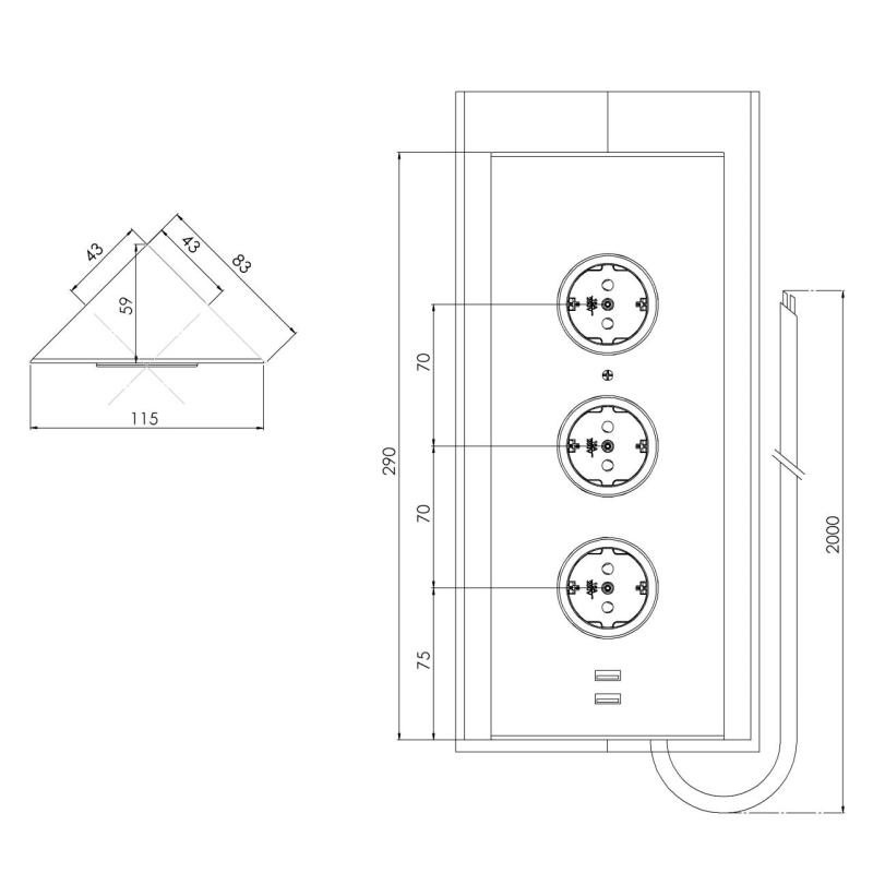 Indux Corner Еnergiezuil met 3 stopcontacten Randaarde en Dubbele USB-A&C-lader RVS 1208953216
