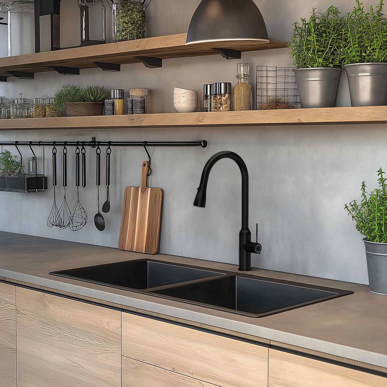 Quadri Stamford keukenmengkraan mat zwart met uitneembare uitloop en sproeistand 1208956095 - Productafbeelding 2