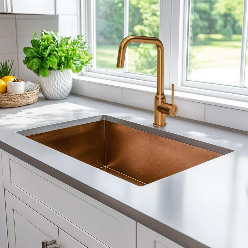 Quadri Stamford keukenmengkraan pvd koper met draaibare haakse uitloop 1208956099