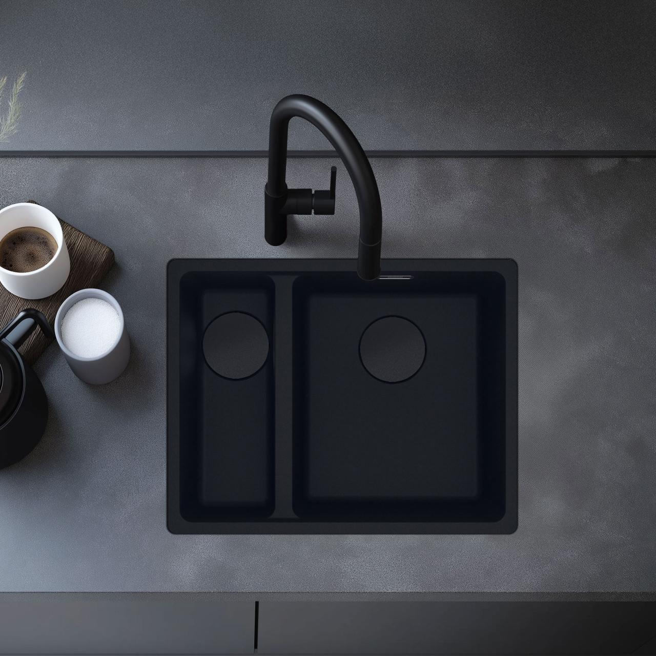 Franke Maris MRG 260/160-34-15 Fragranite black edition mat zwarte spoelbak vlakinbouw  grote bak rechts - Productafbeelding 2