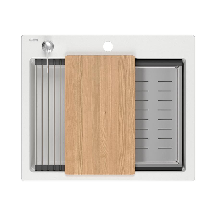 Quadri Durham wit graniet opbouw spoelbak 595x500 met zeepdispenser, snijplank, rolmat, inzetbak en rolmat 1208957903 - Productafbeelding