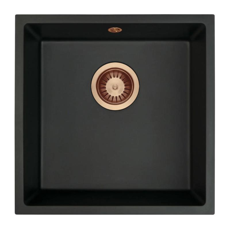 GraniteMy Universal granieten zwarte spoelbak 40x40 cm zwart opbouw onderbouw en vlakinbouw met koperen plug 1208967114