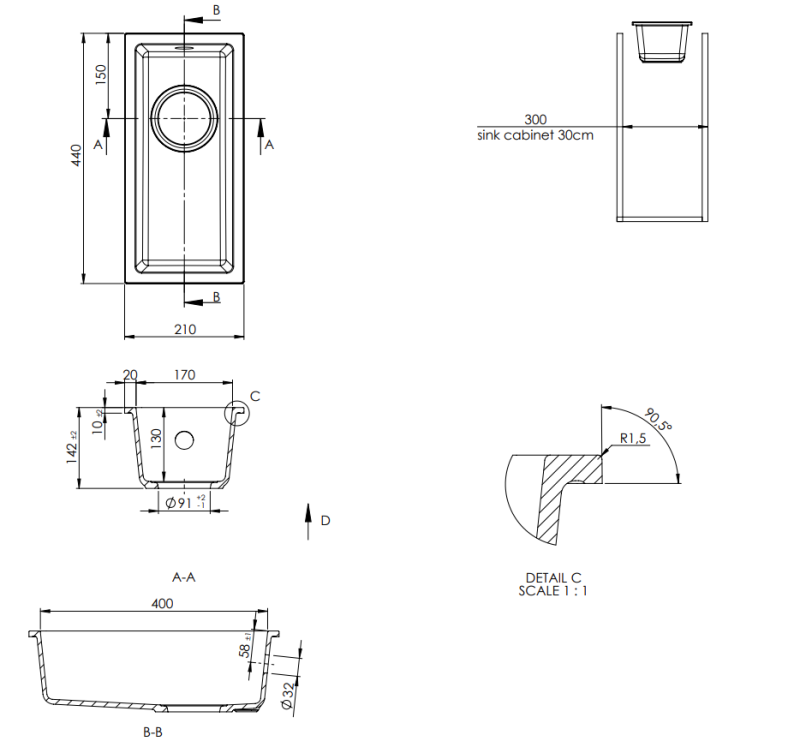 GraniteMy Universal granieten kleine zwarte spoelbak 17x40 cm zwart opbouw onderbouw en vlakinbouw met gouden plug 1208967142