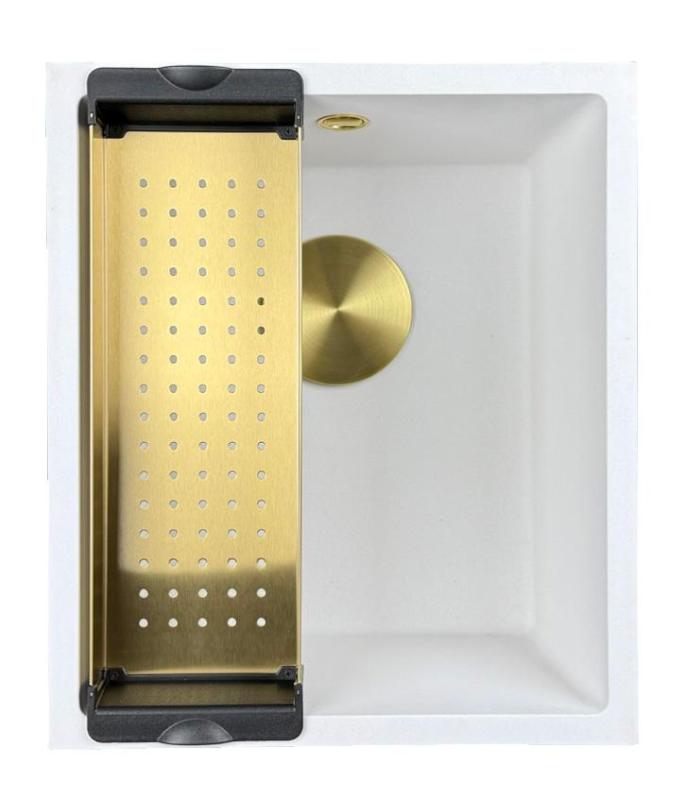 GraniteMy Universal granieten witte spoelbak 34x40 cm wit opbouw onderbouw en vlakinbouw met gouden plug 1208967149