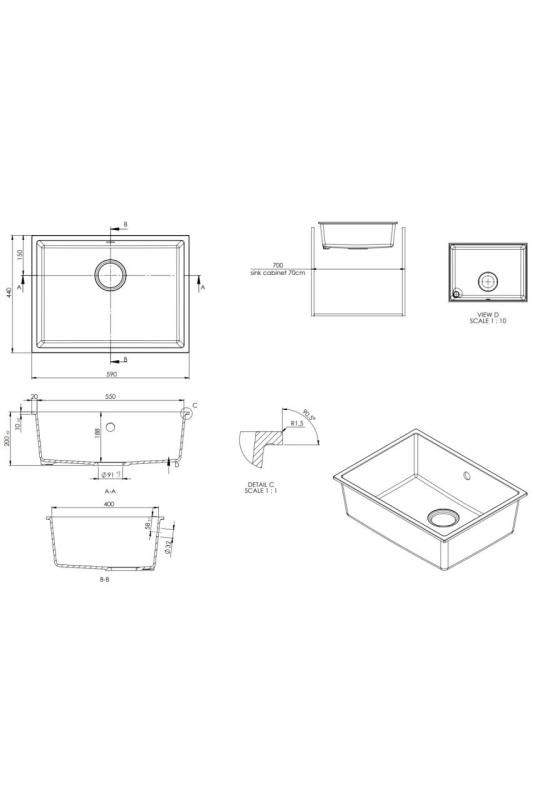 GraniteMy Universal granieten witte spoelbak 55x40 cm wit opbouw onderbouw en vlakinbouw met zwarte plug 1208967154