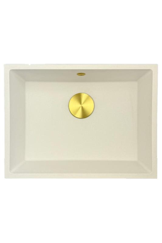 GraniteMy Universal granieten witte spoelbak 55x40 cm wit opbouw onderbouw en vlakinbouw met gouden  plug 1208967155