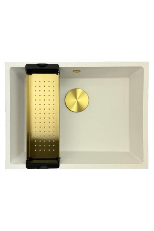GraniteMy Universal granieten witte spoelbak 55x40 cm wit opbouw onderbouw en vlakinbouw met gouden  plug 1208967155