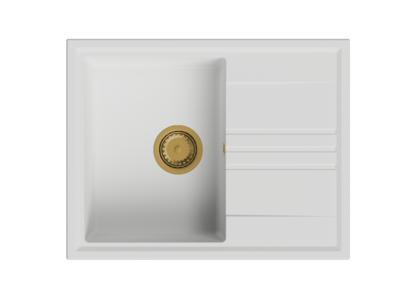 GraniteMy Vesi granieten opbouw witte spoelbak 64x50cm met afdruip omkeerbaar met goud (geborsteld messing) plug 1208967300