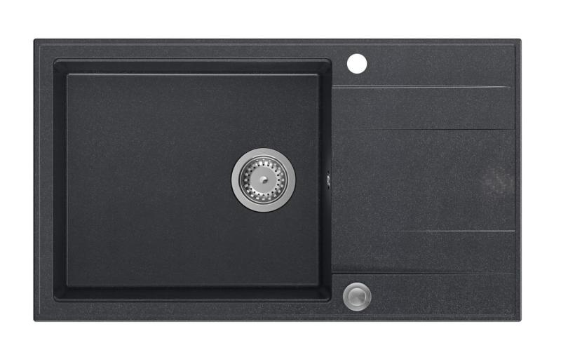 Quadri Luton antraciet granieten grote opbouw spoelbak met afdruipvlak omkeerbaar 86x50cm met rvs plug 1208967333