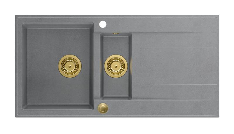 Quadri Luton grijs granieten opbouw 1,5 spoelbak met afdruipvlak omkeerbaar 100x50cm met gouden plug 1208967351