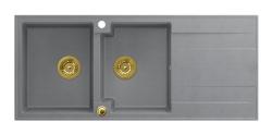 Quadri Luton opbouw dubbele graniet spoelbak grijs met afdruipgedeelte 116x50 cm met gouden plug 1208967361