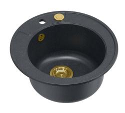 Quadri Norwich graniet antraciet ronde spoelbak opbouw met gouden plug en push to open afvoer 1208967374