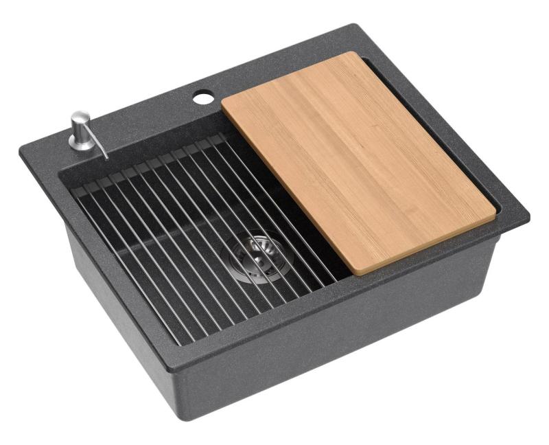 Quadri Durham antraciet graniet opbouw spoelbak 595x500 met zeepdispenser, snijplank, inzetbak en rolmat 1208967379
