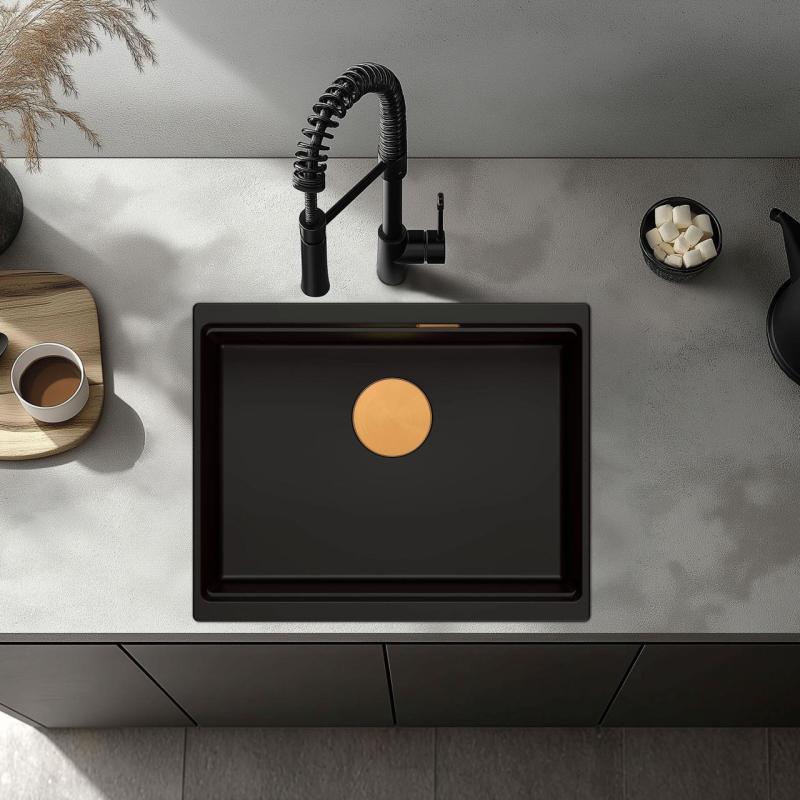 Quadri Newport II graniet onderbouw zwart spoelbak 560x450mm met koperen plug en  afvoerkapje 1208967450