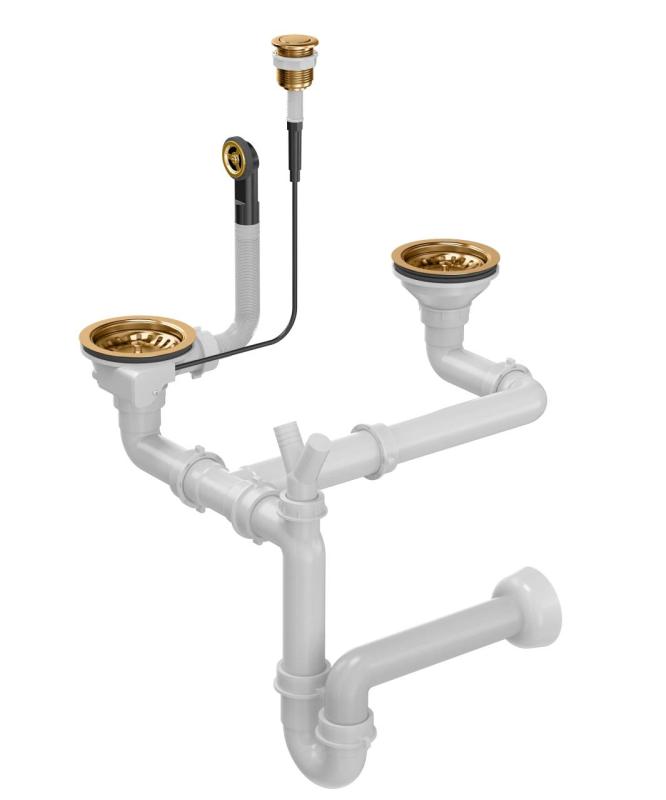 Quadri koper dubbele spoelbak afvoerset en overloop met push to open knop  koper 1208967546