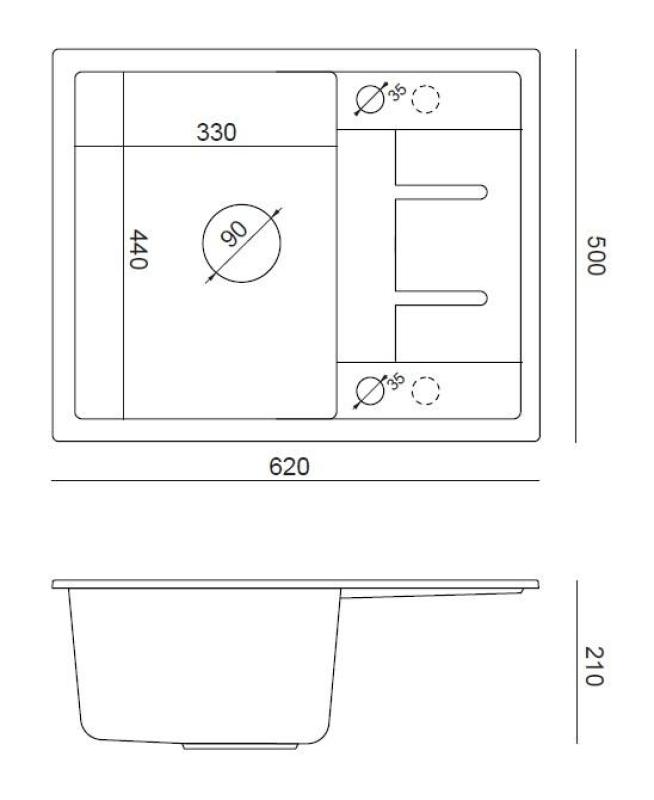 Quadri Dalton zwart granieten opbouw spoelbak met afdruipvlak 62x50cm met rvs plug 1208967567