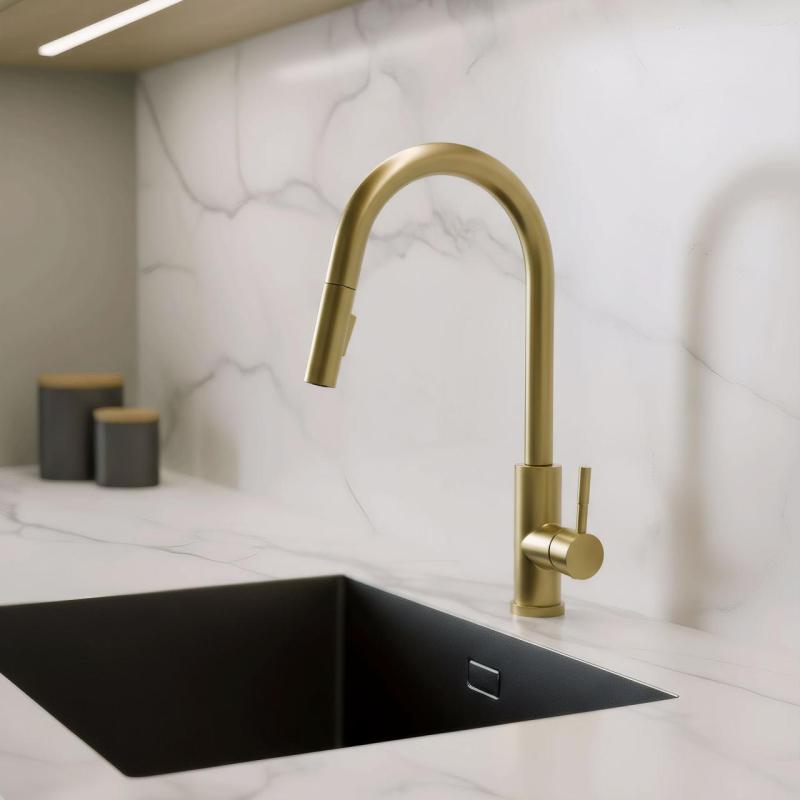 Pure.Sink Elite Steel Stream-S keukenkraan PVD geborsteld goud met uittrekbare uitloop PS8045-60