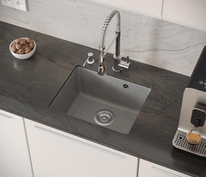 Quadri Elston Grijs Granieten Onderbouw Spoelbak 420x335mm met RVS Plug 1208967775