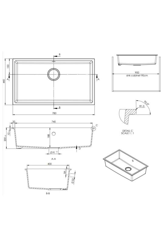 GraniteMy Universal Grote Witte Granieten Spoelbak 74x40 cm met gun metal plug  - 1208967895