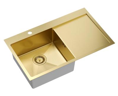 Aquadesign Clara Goud Spoelbak 78x48cm Opbouw of Vlakinbouw met Afdruiprek, Kraangatbank en Gouden Plug - 1208969499