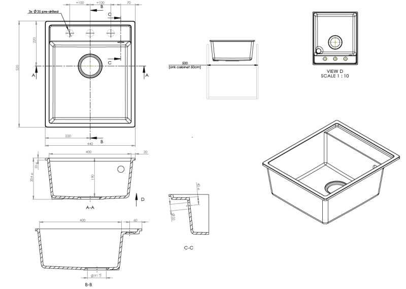 GraniteMy Bremen Granieten Spoelbak 44x52 cm Zwart – Opbouw, Onderbouw en Vlakinbouw met Kraangatbank en RVS Plug 1208969991