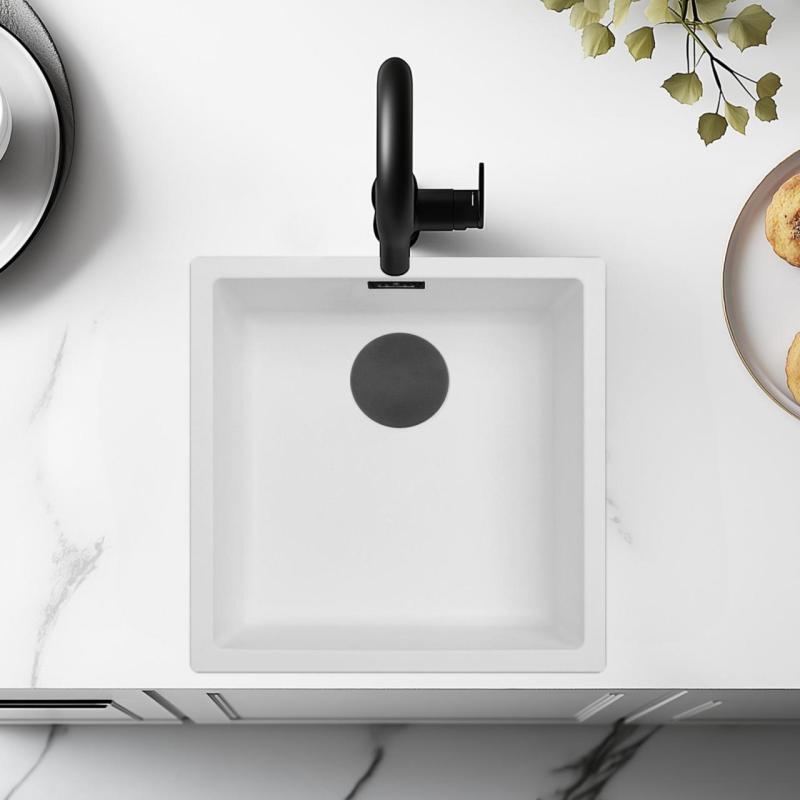 Witte Spoelbak 40x40 cm Onderbouw, Opbouw en Vlakinbouw met Mat Zwart Plug 1208970535