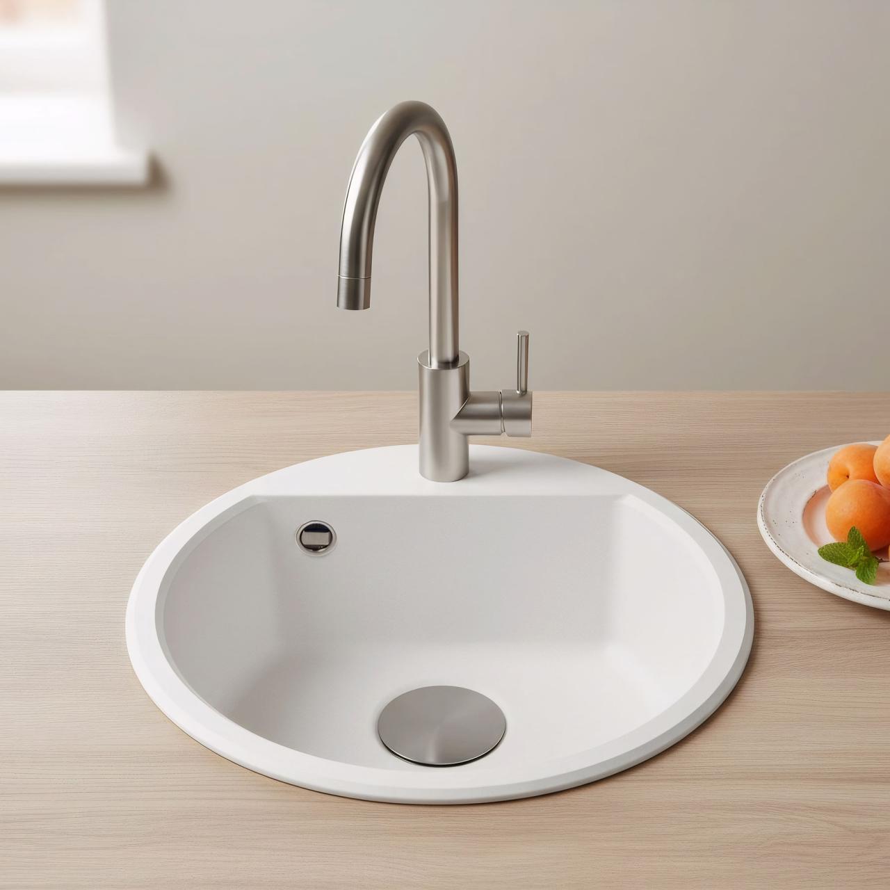 GraniteMy Bremen ronde granieten spoelbak 43 cm wit opbouw en onderbouw met kraangatbank met gun metal plug 1208971220 - Productafbeelding 2