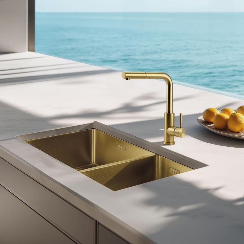 Pure.Sink Exclusivo Gouden 1,5 anderhalve spoelbak 34+18 cm 10mm radius PEX341840-60