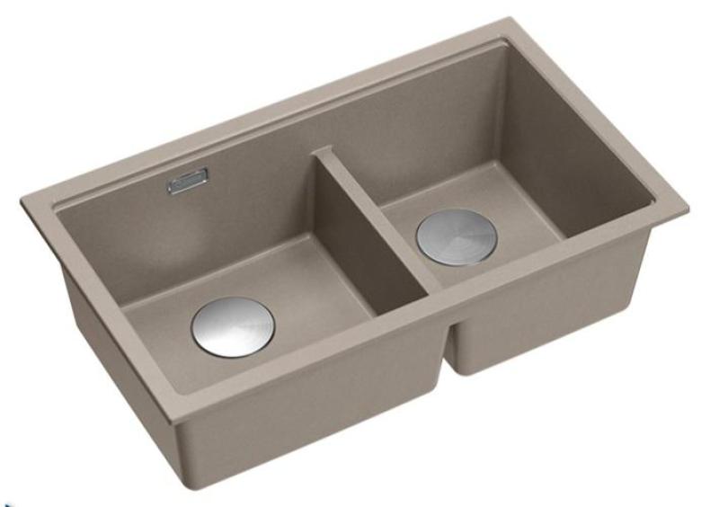 Quadri Newport II Dubbele Taupe Graniet Opbouw Spoelbak 76x45 cm met RVS plug 1208971372