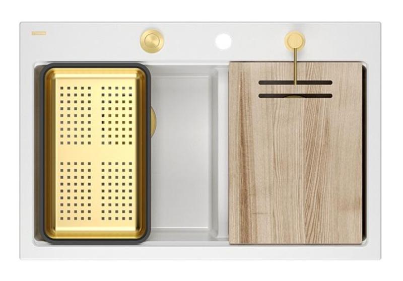 Quadri Hard Rock Dubbele Witte Graniet Opbouw Spoelbak 76x50 cm met Gouden plug en accessoires 1208971392