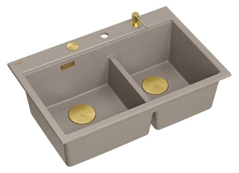 Quadri Hard Rock Dubbele Taupe Graniet Opbouw Spoelbak 76x50 cm met Gouden plug en accessoires 1208971396