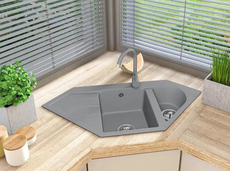 Graniteland Amiata Granieten grijze Hoekspoelbak opbouw 965x496mm met RVS Plug 1208971419