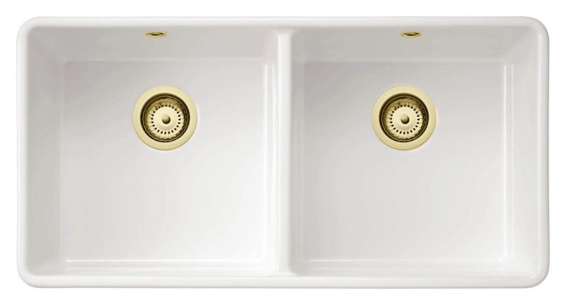 Ausmann Ceramic Mira Keramische Witte Dubbelle Spoelbak - Onderbouw en Tussenbouw 890 x 456 mm met Gouden pluggen 1208971471