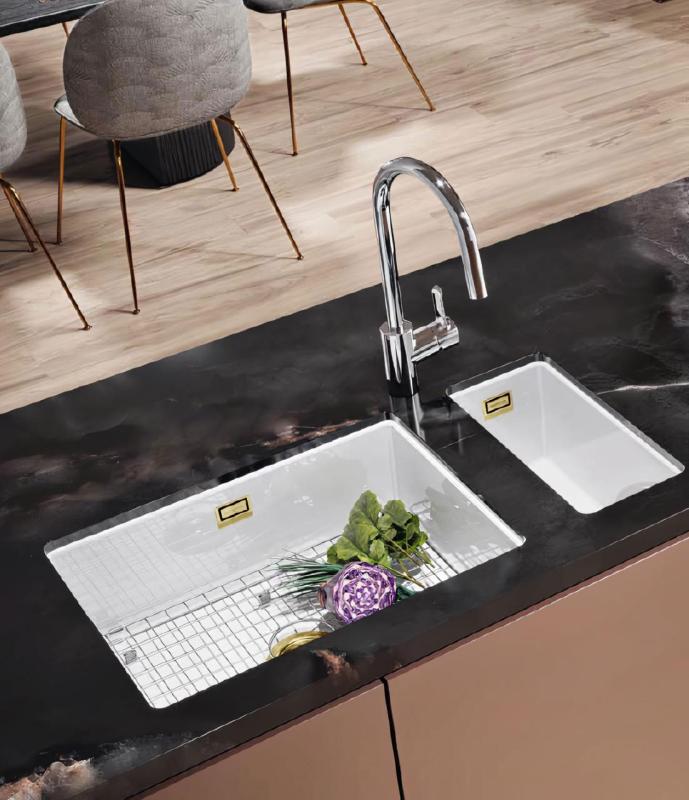 Ausmann Ceramic Ember Keramische Witte halve Spoelbak Opbouw en Onderbouw 174 x 400 mm met Gouden plug 1208971501