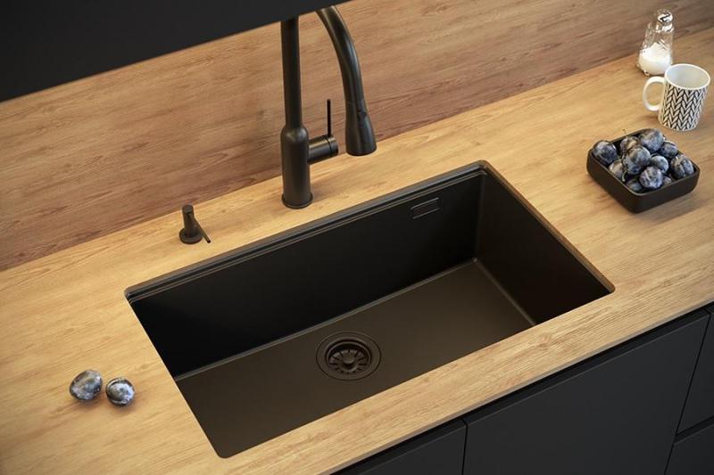 Quadri Newport II grote en diepe spoelbak graniet opbouw en onderbouw beige spoelbak 76x45cm met gouden plug 1208971759