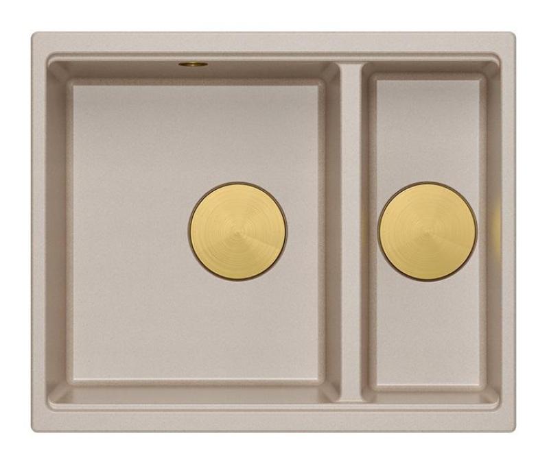 Quadri Newport II beige 1,5 spoelbak graniet opbouw en onderbouw spoelbak 555x460mm met gouden plug 1208971768