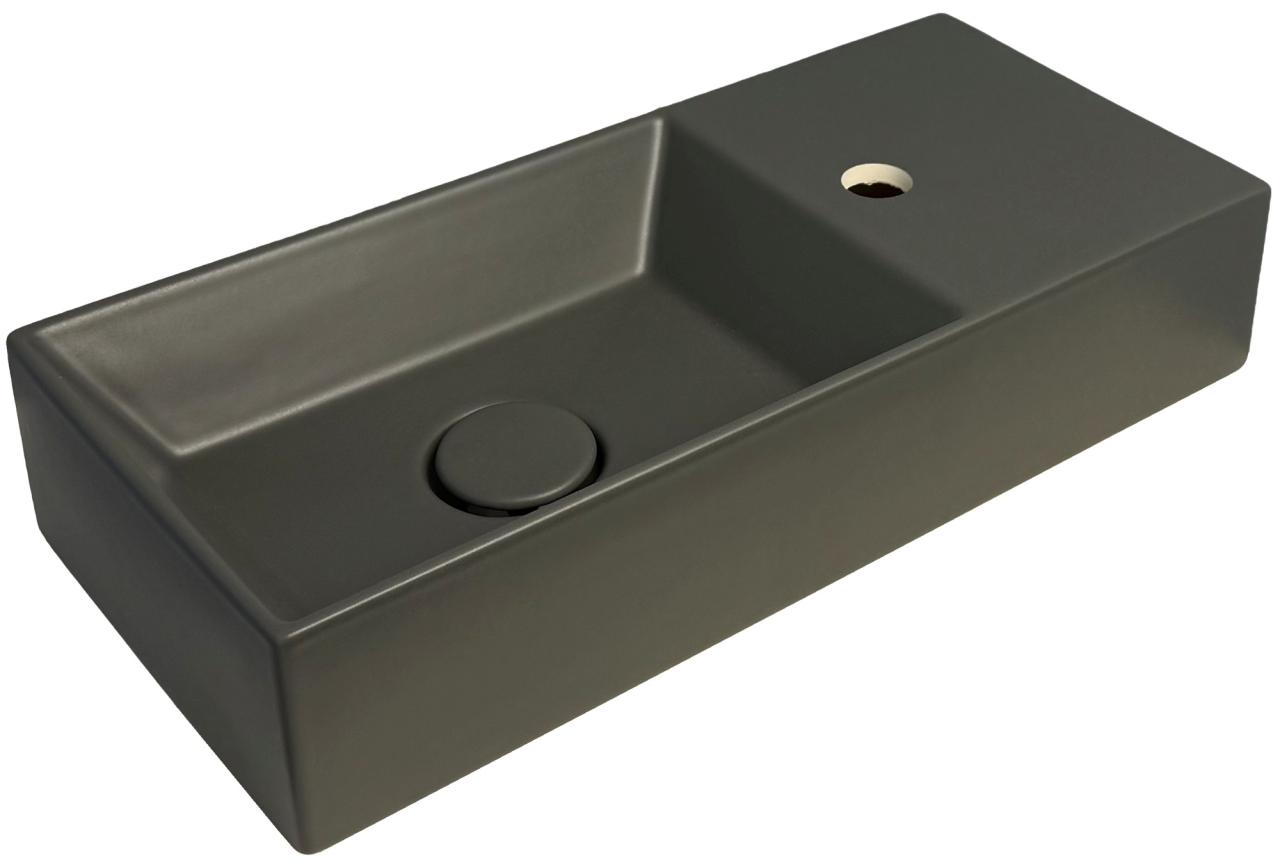 OUTLET Flavio Murano keramisch fontein antraciet wasbakje 55x25 cm met kraangat rechts met plug in zelfde kleur - Productafbeelding 2