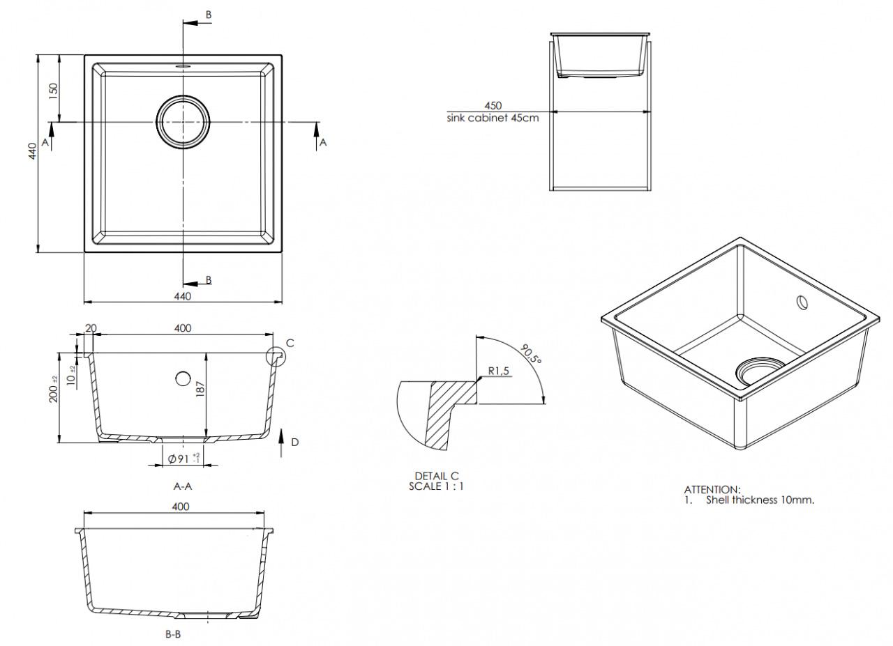 OUTLET GraniteMy Universal Granieten Grijs, donker Spoelbak 40x40 cm  Onderbouw met RVS Plug 1208971810 - Productafbeelding 7