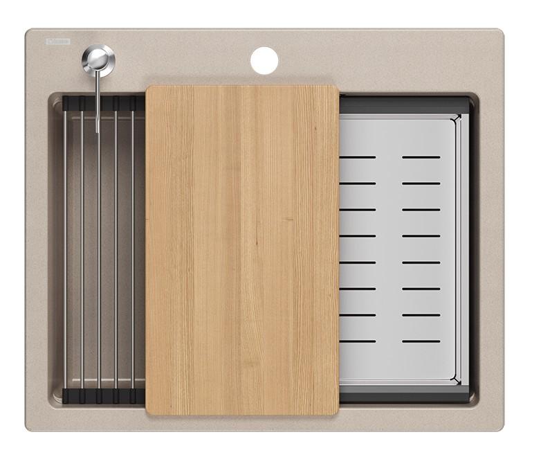 Quadri Durham Pearl Beige graniet opbouw spoelbak 595x500 met zeepdispenser, snijplank,inzetbak en rolmat 1208971814 - Productafbeelding