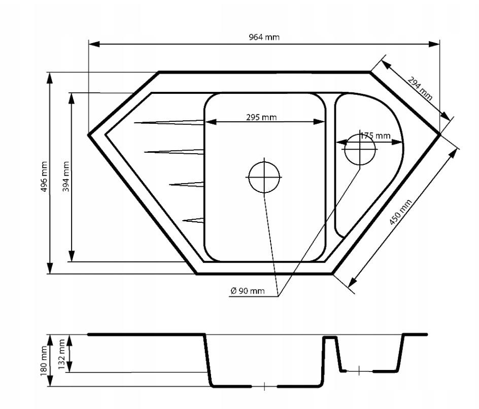 OUTLET LICHT BESCHADIGD Graniteland Amiata Granieten Zwart Hoekspoelbak opbouw 965x496mm met RVS Plug 1208971820 - Productafbeelding 2