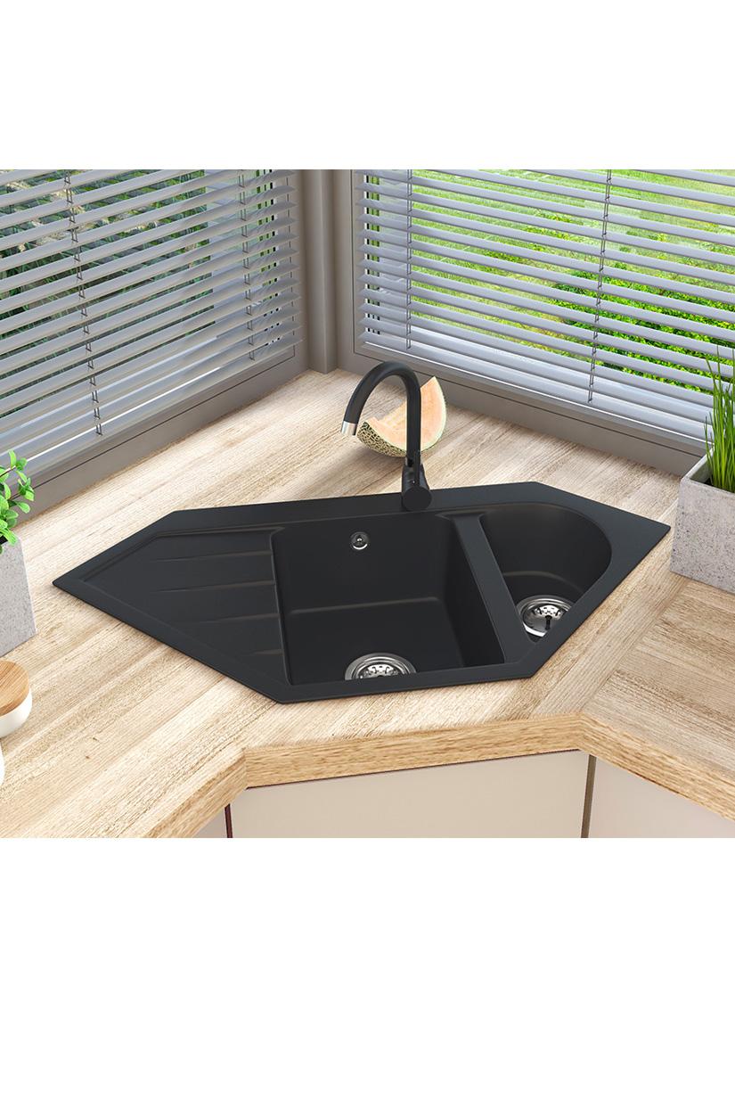 OUTLET LICHT BESCHADIGD Graniteland Amiata Granieten Zwart Hoekspoelbak opbouw 965x496mm met RVS Plug 1208971820 - Productafbeelding