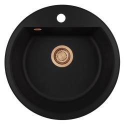 GraniteMy Bremen ronde granieten spoelbak 43 cm zwart, opbouw en onderbouw, met kraangatbank en automatische koper plug 1208971838