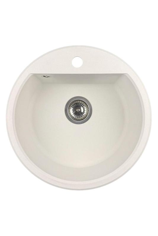 GraniteMy Bremen ronde granieten spoelbak 43 cm wit, opbouw en onderbouw, met kraangatbank en automatische rvs plug 1208971845