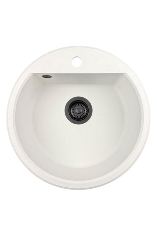 GraniteMy Bremen ronde granieten spoelbak 43 cm wit, opbouw en onderbouw, met kraangatbank en automatische zwarte plug 1208971846