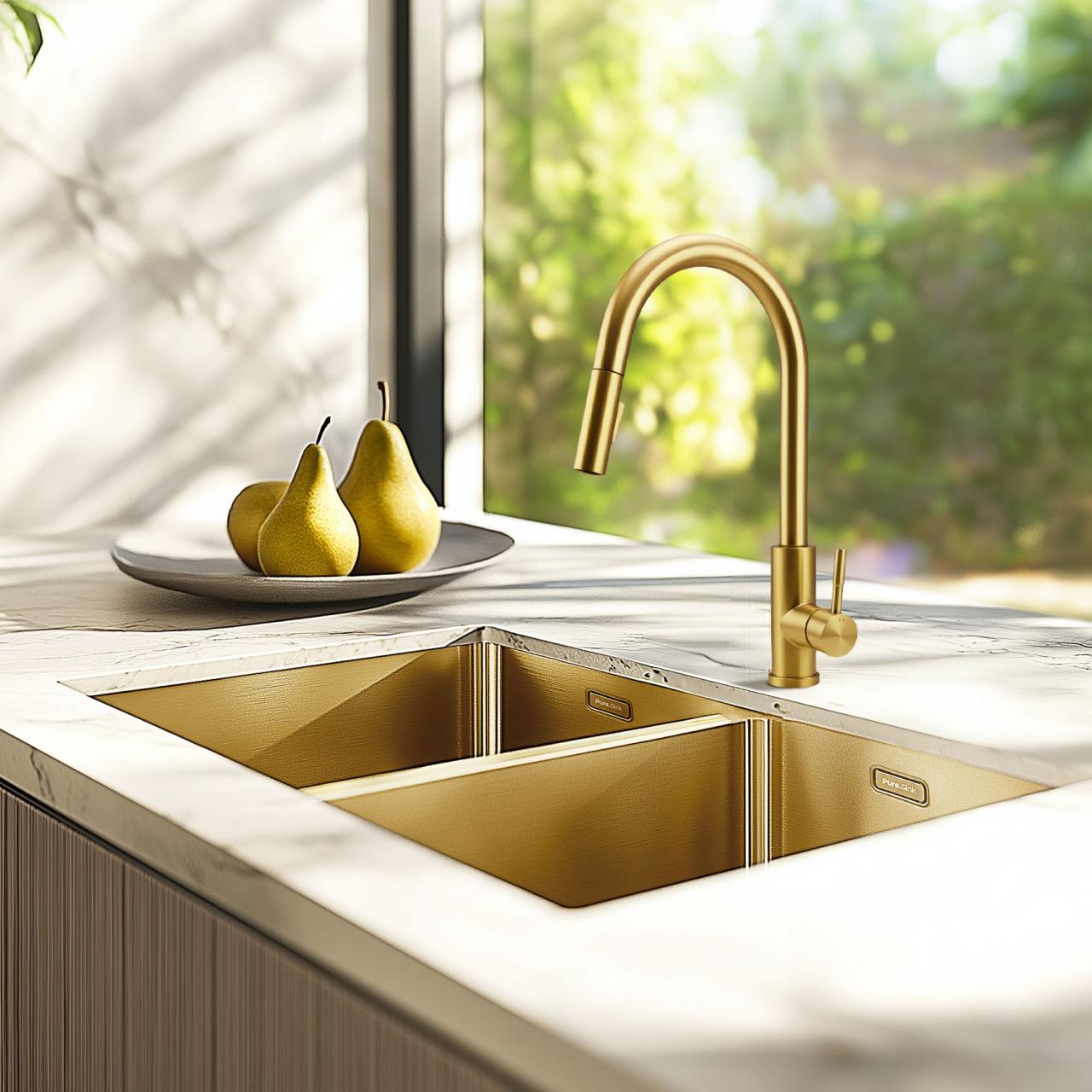 Licht bekrast Pure.Sink Elite Steel Stream-S keukenkraan PVD geborsteld goud met uittrekbare uitloop 1208971857 - Productafbeelding 4