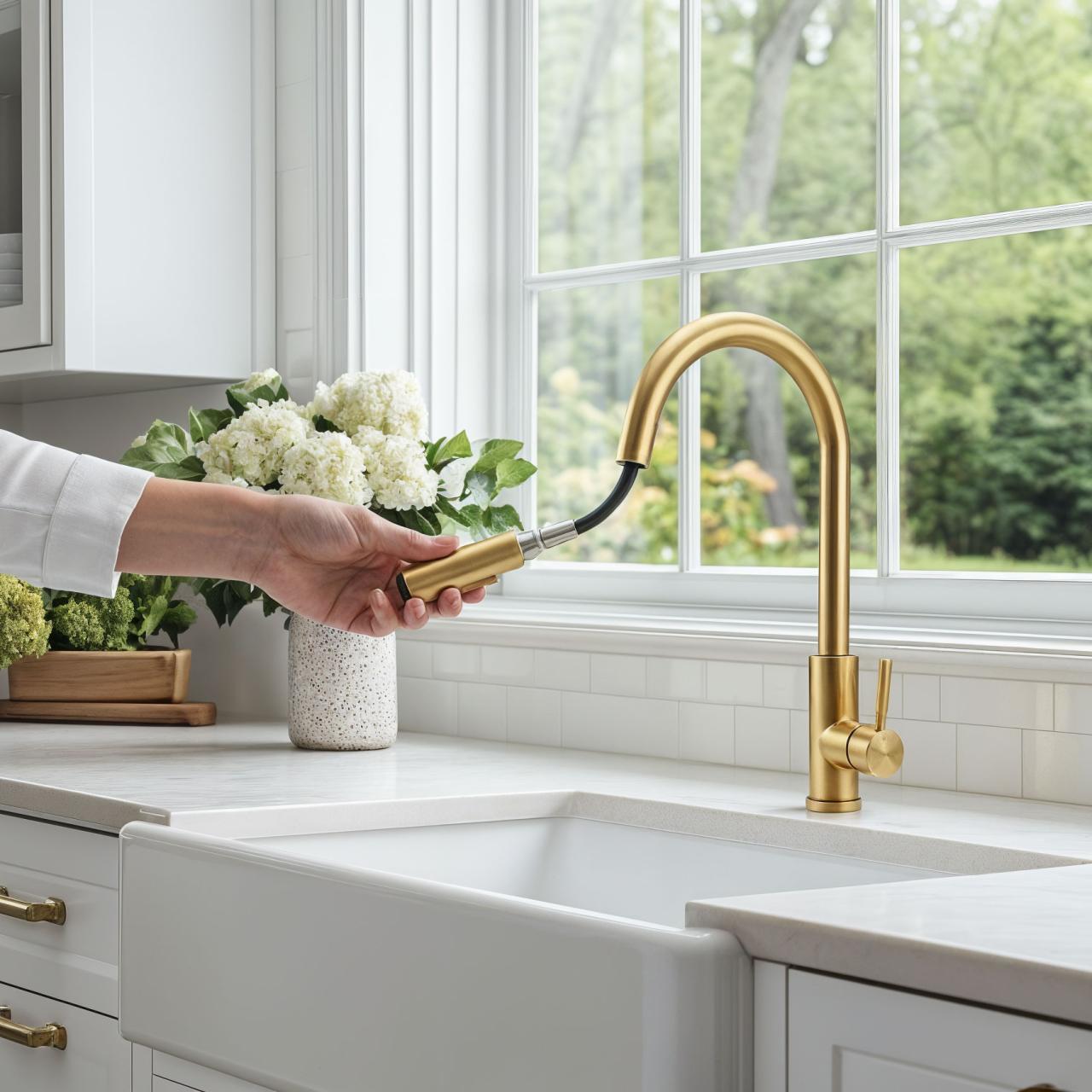 Licht bekrast Pure.Sink Elite Steel Stream-S keukenkraan PVD geborsteld goud met uittrekbare uitloop 1208971857 - Productafbeelding 2