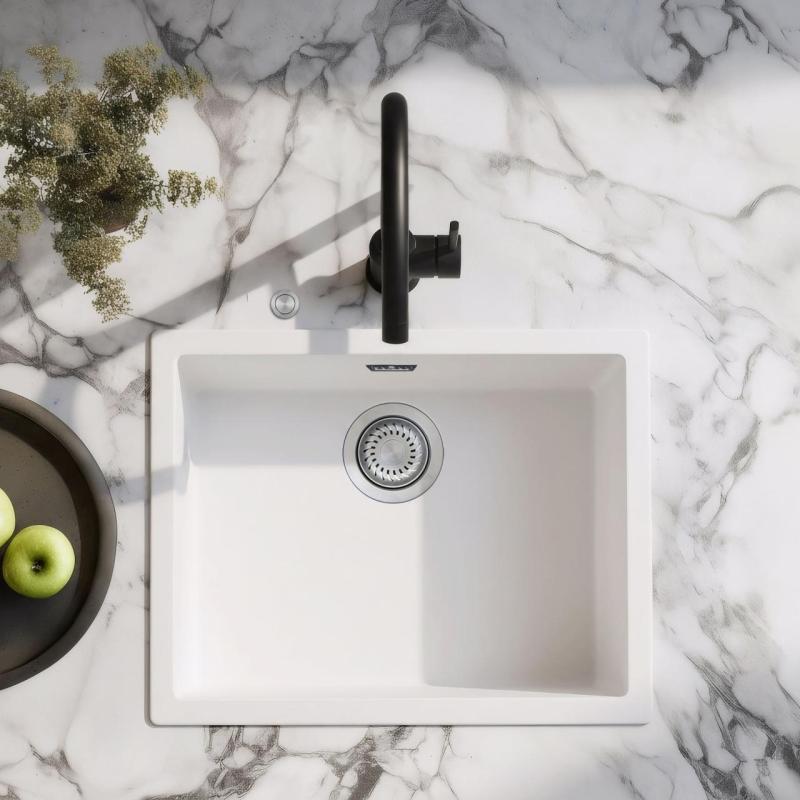 Ausmann Fibre witte spoelbak 50x40cm onderbouw, opbouw en vlakinbouw met automatische rvs plug 1208971898