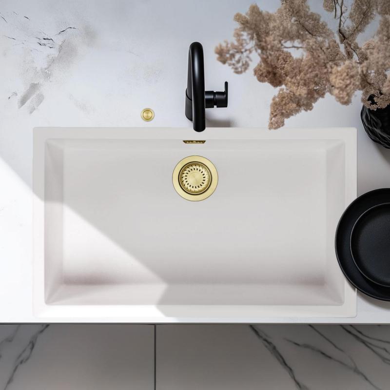 Ausmann Fibre wit grote spoelbak 70x40cm onderbouw, opbouw en vlakinbouw met automatische gouden plug 1208971907