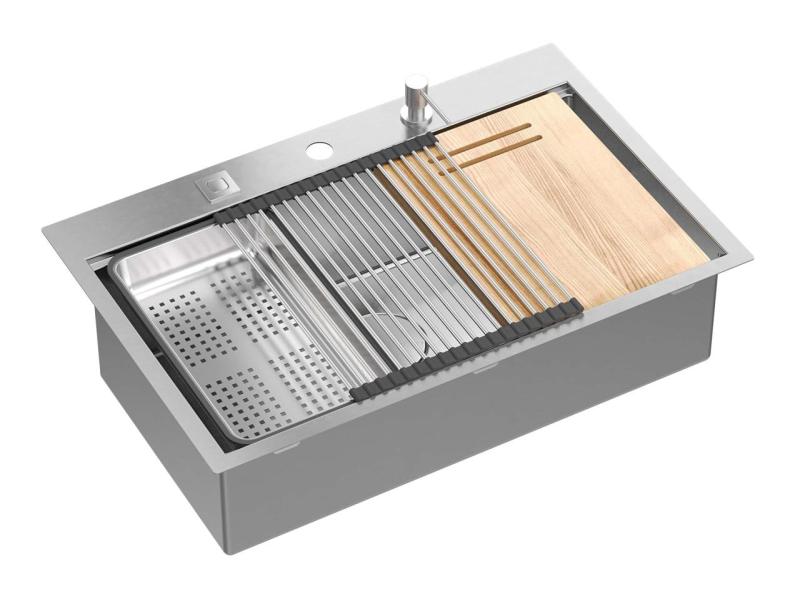 OUTLET Licht bechadigd Aquadesign Vesta RVS Spoelbak 76x49cm Opbouw en Vlakinbouw met Kraangatbank, inclusief RVS Plug en Accessoires - 1208971947