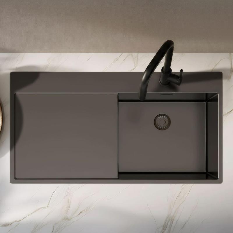Pure.Sink Exclusivo Gun metal spoelbak met afdruipgedeelte 100x52 cm Tapwing rechts PEX47100RT-61